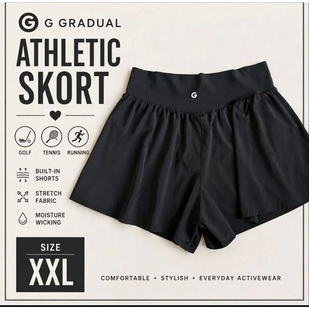 G Gradual Black Athletic Skort XXL Built-In Shorts Golf Tennis Running Activewea